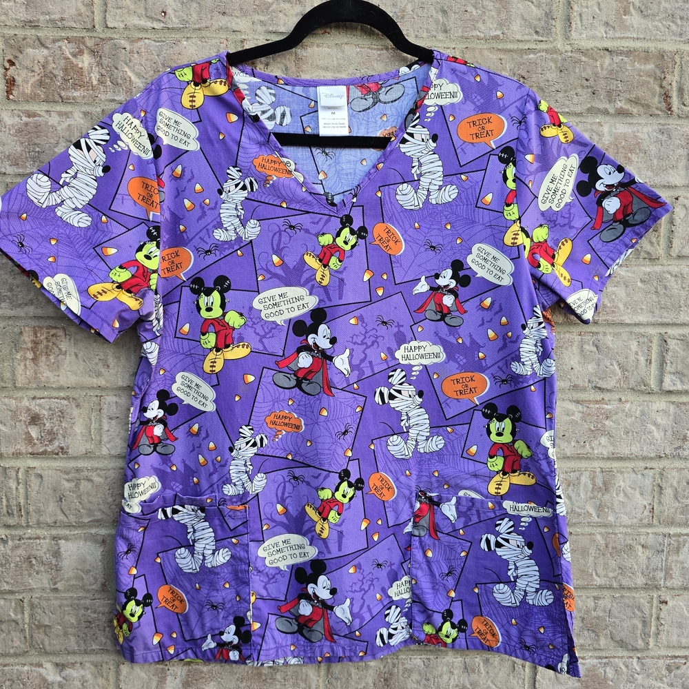 Disney Halloween Purple Scrub Top  Mickey Mouse Vampire Mummy Spiders Medium